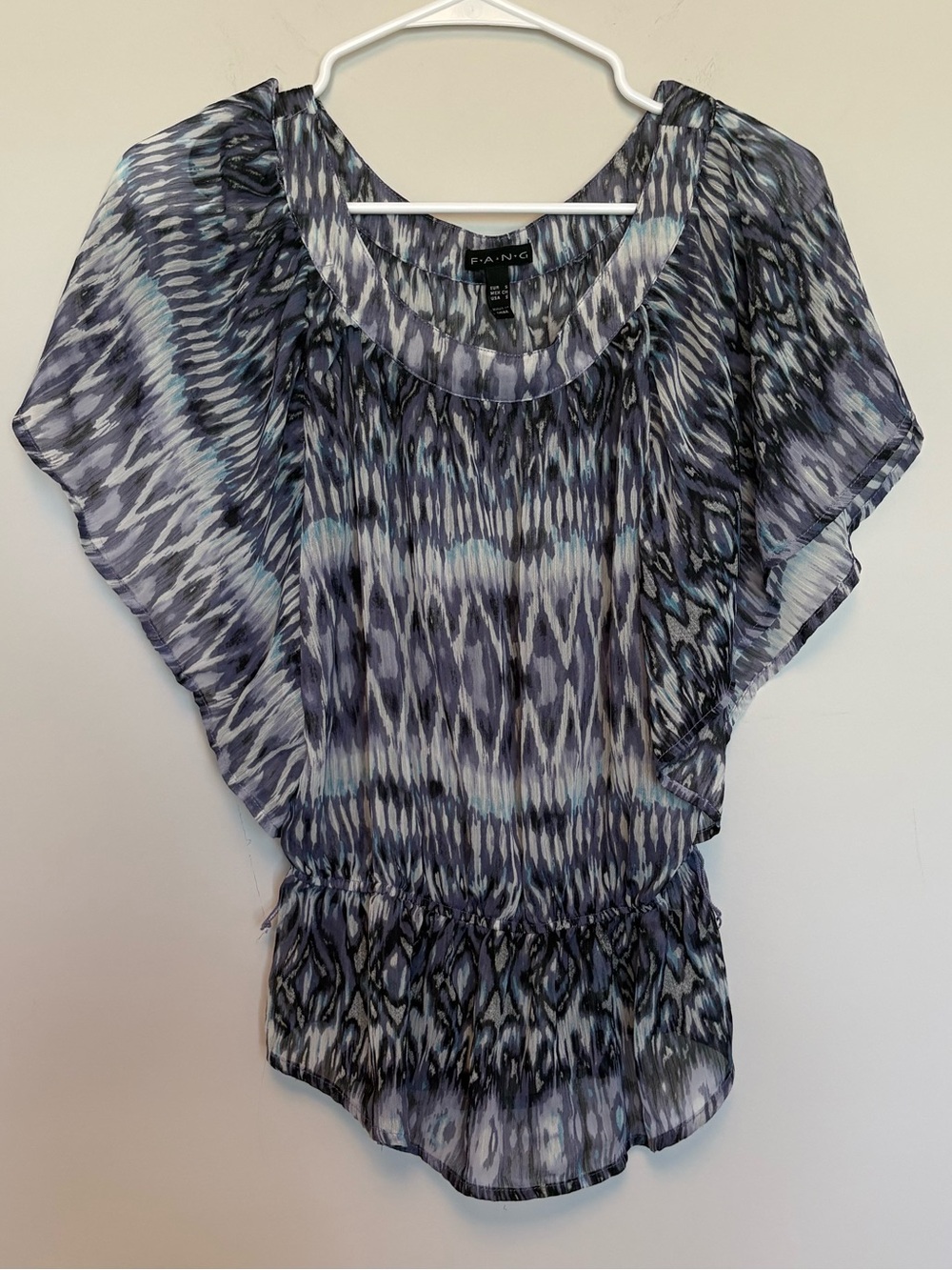 F.A.N.G Purple Blue Abstract Ikat Print Dolman Sleeve Smocked Waist Blouse S